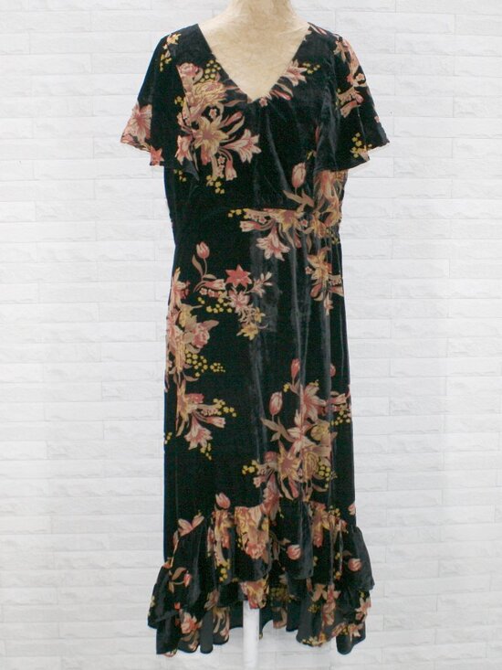 Reba Dresses & Skirts - REBA Dress Floral Velvet Burnout V-Neck Ruffle Cottagecore Midi Black Coral 12